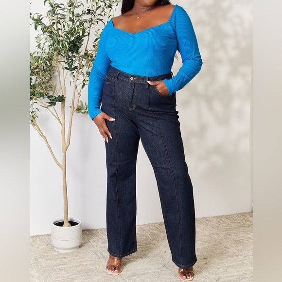 NEW Culture Code PLUS + REG Size Blue Ribbed Sweetheart Neck Tie Back Knit Top - Picture 8 of 9